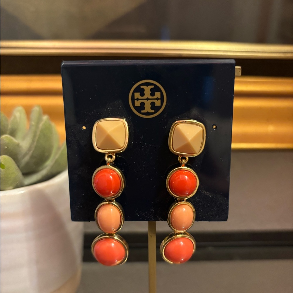 Tory Burch Ivory  and Coral Audrey Triple Drop Earrings in Gold New